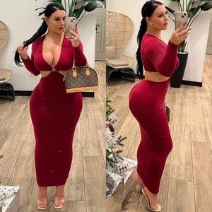 💋SOLD💋 Shein Sxy Burgundy O-Ring V-Neck Long Sleeve Bodycon Maxi Dress Sz M